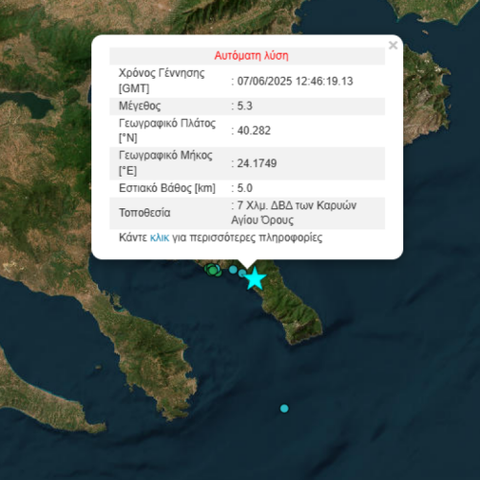Σεισμός 5,3 Ρίχτερ στο Άγιο Όρος-Σε μικρή απόσταση από τις Καρυές το επίκεντρο