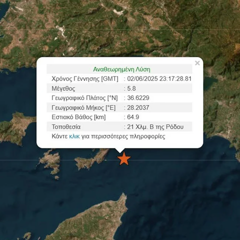 Ισχυρός σεισμός 5,8 Ρίχτερ ανοιχτά της Ρόδου